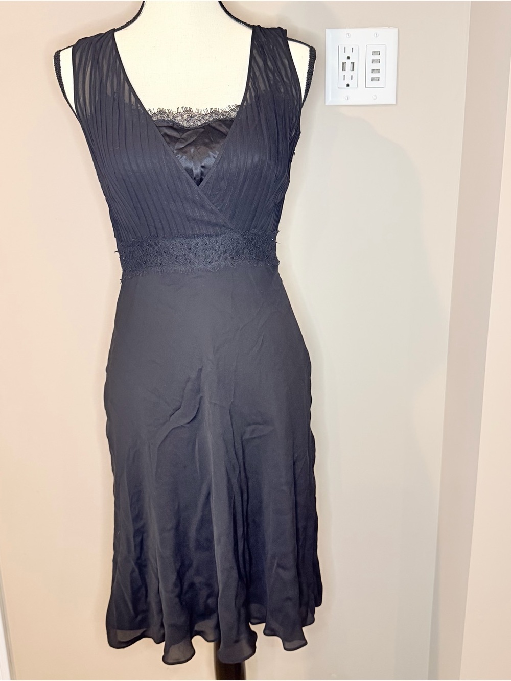 Ann Taylor Silk Pleated Lace Embellishment V-Neck Dress